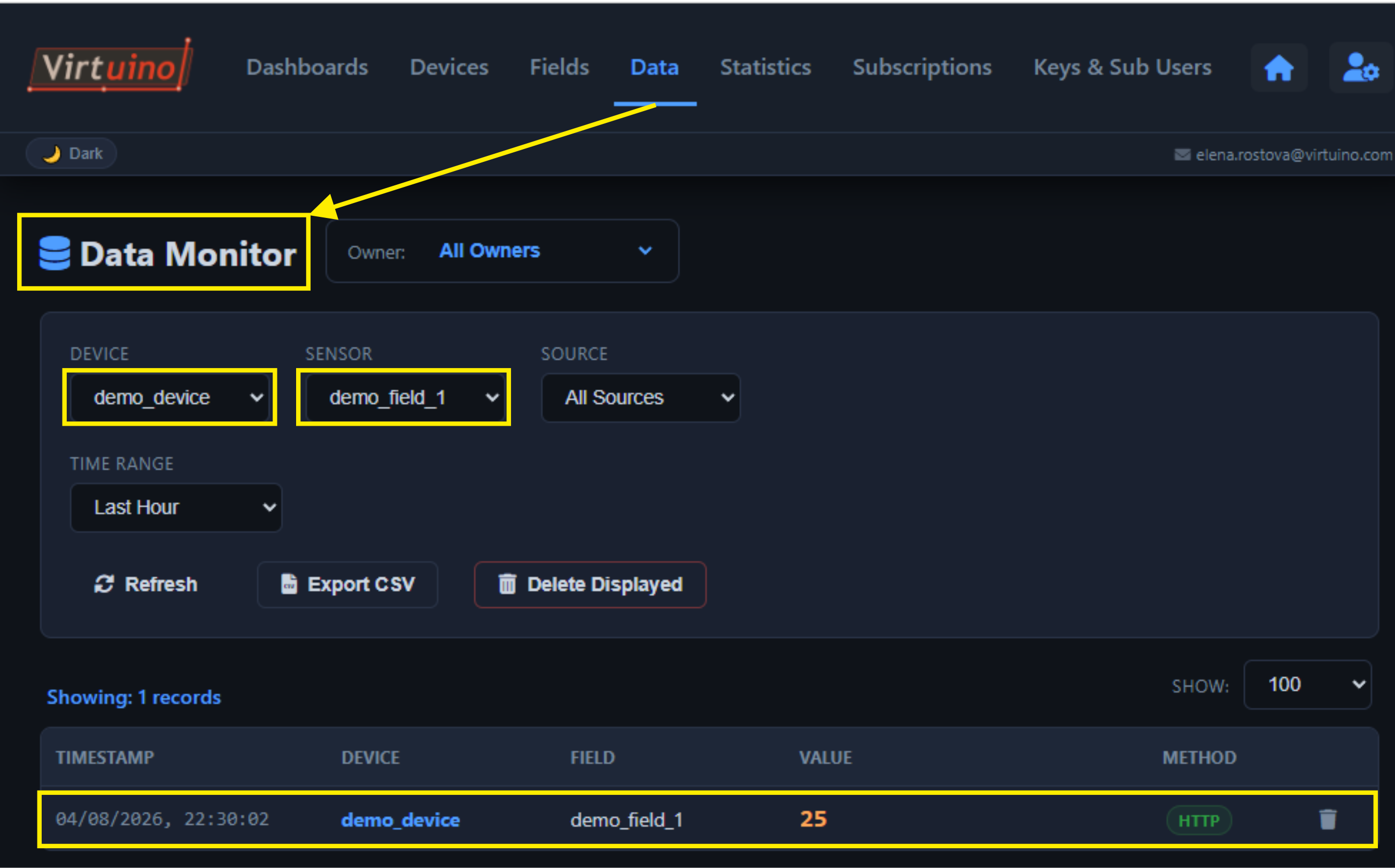 Incoming values in the Virtuino Cloud Data Monitor